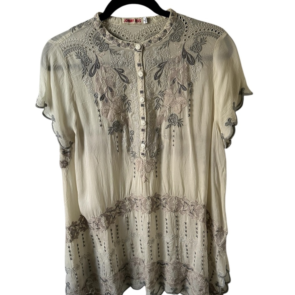 Elegant Cream and Gray Embroidered Women's Top
